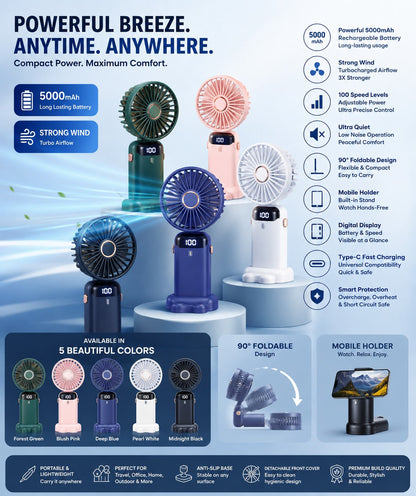 Portable Rechargeable Mini Fan with Digital Display